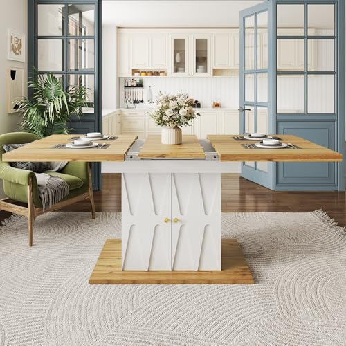 DACHETOU Mesa de comedor, 110-140 x 70 x 76,5 cm, mesa extensible para cocina y salón, con chapa de madera y decoración en relieve
