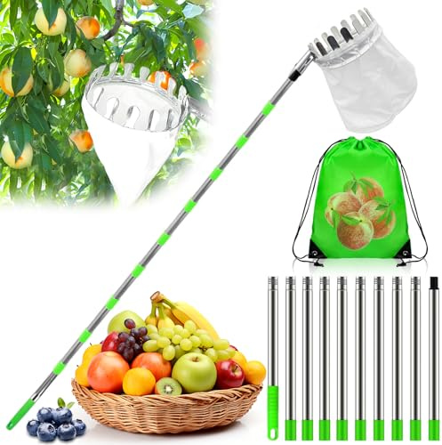 TEBOKHAD 3.8M Recoge Frutas Telescopico, Recogedor De Frutas Acero Inoxidable Con Bolsa De Tela, Recogedor Recolector De Frutas Para Manzanas, Naranjas, Peras, Cítricos