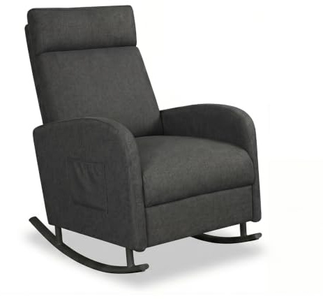 JIEXI Silla mecedora, moderna y cómoda, tapizada, en tela con respaldo alto, con bolsillo lateral, capacidad 150 kg, silla gris para salón, dormitorio, balcón