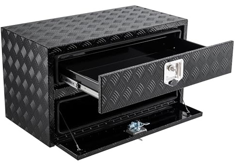 Lidzopas 24 x 18 x 20 Inches Black Aluminum Underbody Truck Tool Box with Drawer – Heavy-Duty Double-Layer Organizer, Lock & Keys, Waterproof Storage for Truck Bed, Pickup, RV, Trailer, Black