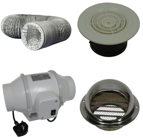 100 mm / 4 inch Inline Mixed Flow Fan, Extractor Fan, 2 speed, 170 m³/h, Enclosed Electric Fan Ventilation for Kitchen Bathroom Shower Grow Room Hydroponics - with plug [Fan + Full Ventilation kit]