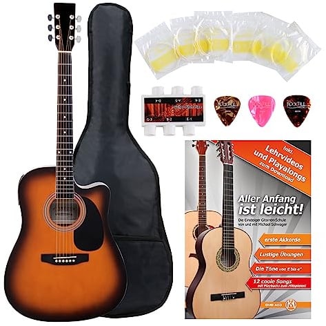 Classic Cantabile WS-10SB-CE Westerngitarre mit Tonabnehmer Starter-Set (Dreadnought-Style, Cutaway, 6 Saiten, 20 Bünde, inkl. Zubehörset, Gitarrentasche, Notenheft, Saiten, Plektren) sunburst