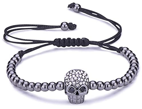 Unendlich U Fashion Schädel Totenkopf Damen Kinder Armband Geflochten Baumwollseil Legierung Zirkonia Kugeln Beads Verstellbar Armreifen, Schwarz