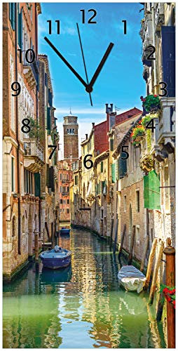 Wallario Design-Wanduhr Urlaub in Venedig Kanal zwischen bunten Häusern aus Glas, Motiv-Uhr Größe 30 x 60 cm, Schwarze Zeiger
