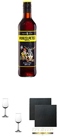 Wurzelpeter Kräuterlikör 30% 0,7 ltr. + Nosing Gläser Kelchglas Bugatti mit Eichstrich 2cl und 4cl - 2 Stück + Schiefer Glasuntersetzer eckig ca. 9,5 cm Ø 2 Stück