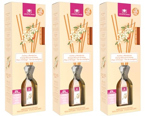 CRISTALINAS | Pack 3 Ambientador Mikado | 100% Puro | Larga Duración 12 Semanas | 3x90ml | 0% Alcohol (Azahar y Mandarina, 90ml)