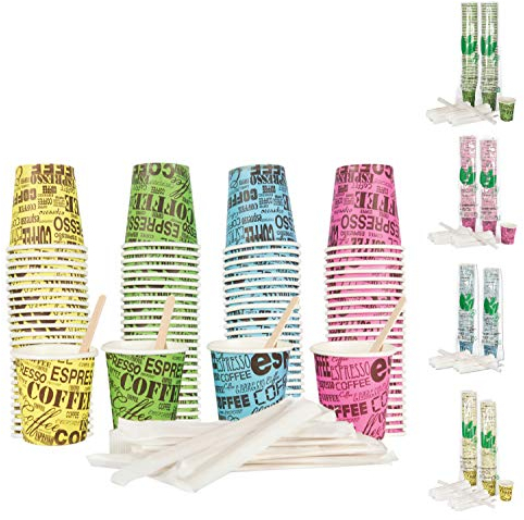 Bioaiks Bicchieri Cartoncino per Espresso, Set da 200 Pezzi con Bastoncini in betulla per Mescolare, 75 ml, (multicolor)