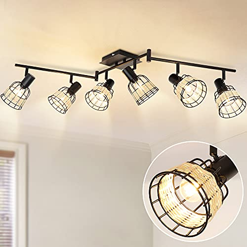 Depuley Deckenstrahler 6 Flammig Schwarz, Rattan Deckenleuchte Schwenkbar E14, Deckenlampe Strahler Vintage mit Gewebtem Lampenschirm, Natüre Deckenspot für Wohnzimmer Schalfzimmer Küche