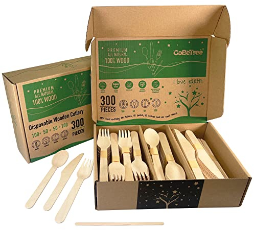 200 couverts jetables en bois naturel avec 100 bâtonnets de 14 cm pour café. Couteaux cuillères et fourchettes biodégradables à usage unique, plus agitateurs pour vos boissons chaudes.
