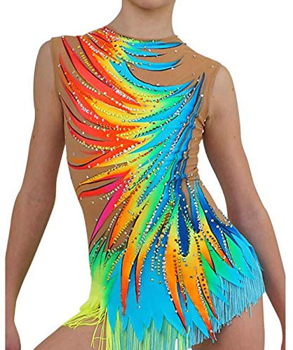 LIUHUO Body da donna per danza ritmica ginnastica ragazze colorato diamante nappe competizione prestazioni, Blu, S