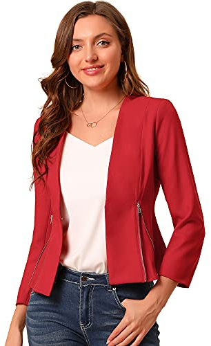 Allegra K Damen Crop Collarless Blazer Anzug Reißverschluss Dekor Arbeit Büro Jacken Blazer, Rot/Ausflug, einfarbig (Getaway Solids), M