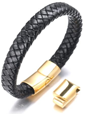 Halukakah Kinder ● Solo Junior ● Jungen Armband Handgefertigt | Echtleder Schwarz | Magnetverschluss Edelstahl in Gold | mit Geschenkbox | 6-12+3 Y/O. Größe Einstellbar 18-19.5cm