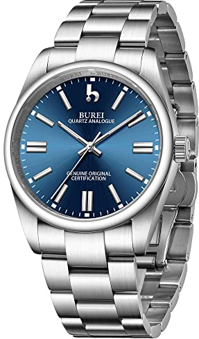 BUREI Armbanduhr Herren Luxus Silber Uhren Herren Analog Quarz mit Edelstahlarmband Mode Designer Business Uhr für Herren 42MM (Dunkelblau)