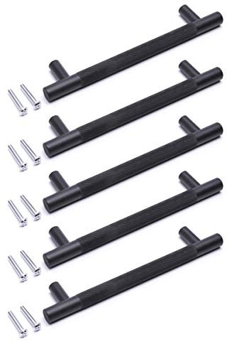 BSM Marketing Black Knurled T Bar Modern Kitchen Cupboard Cabinet Drawer Bar Door Handle Knob Matt Finish (5, 224mm)