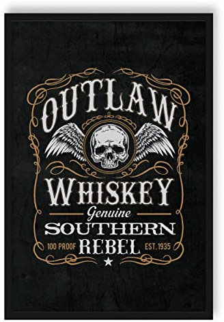 Pixxprint Whiskey Etikett „Outlaw“, Poster im Bilderrahmen, Format: 38x30cm, Kunstdruck gerahmt