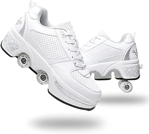 Roller Skate Shoes Rollschuhe Schuhe Mit Rollen Skateboardschuhe,Inline-Skate, verstellbar Damen Schuhe mit Rollen für mädchen (40, White Silver)