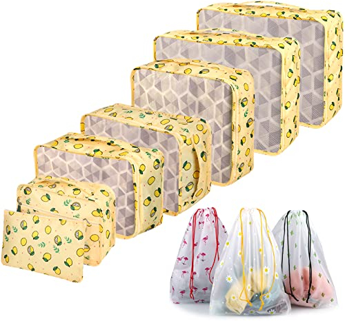 Sciphylia Organizer Valigie Organizer Valigia Set di 10 Borse Organizer da Viaggio Impermeabili Cubi di Imballaggio Viaggio Accessori Utili per Vestiti Cosmetici Scarpe Biancheria Intima Giallo Limone