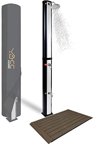 CCLIFE Ducha de Jardín Solar con Suelo de WPC de 35 litros con Agua Caliente, Piscina de Exterior, con Cabeza de Ducha y Grifo, Temperatura de hasta 60° C