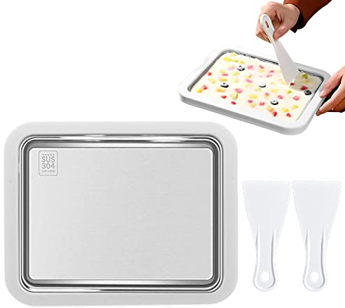 BAOK Gebratene Eismaschine - Eisbrötchenmaschine,304 Edelstahl Manuelles Quick Ice Tragbares Rolleis-Flachtablett mit 2 Eisschaufeln für Smoothies