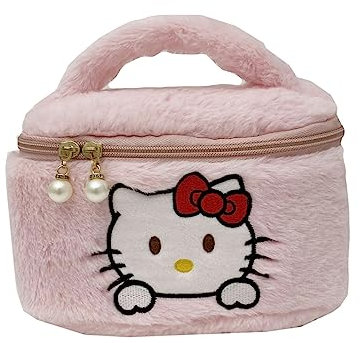 LAARNT Cartoon Mignon Chat Trousse De Toilette en Peluche, Sac Cosméstiques De Voyage Portable De Dessin Animé Grande Capacité Cadeau Enfant Fille Femme Rose