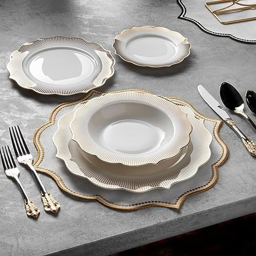 KONIGTUM KOV-GD Service de Table 24 Pièces en Porcelaine Fine pour 6 Personnes | Blanc et Doré