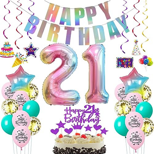 Deko 21. Geburtstag frauen bunt,Geburtstagsdeko 21 jahre frauen Rosa Luftballons 21 Geburtstag dekoration Regenbogen,bunt Folienballon 21 Geburtstag deko frau Rosa Tortendeko 21 Geburtstag lila