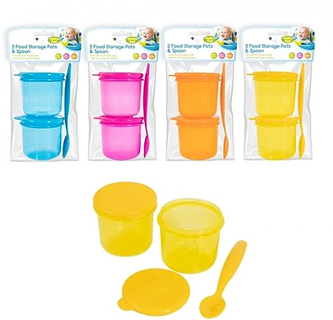 Navoys Pack of 8 Food Storage Pots and 4 Weaning Spoons - Freezer and Microwave Safe, BPA Free Baby Weaning Pots, Keeps Food Fresh and Ready to Go, Dishwasher Safe, Blue Yellow Orange and Pink Pots