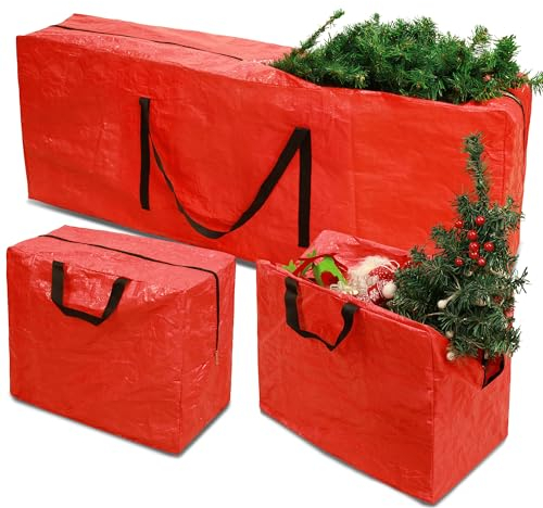 RICHIE 3-tlg. Künstlicher Weihnachtsbaum Aufbewahrungstasche mit 2 Weihnachtsdekorationen für 2,5m Tannenbaum, Aufbewahrungstasche für Weihnachtsbaum für einfaches Tragen, Tasche (Rot)