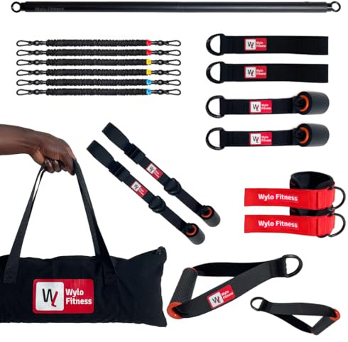 Pack de Musculation Élastiques + Sangles de Suspension | 6 élastiques (5 à 70kg) | 10 Accessoires (Barre, poignées, Sangles de Cheville, ancrages de Porte et de Pieds, Sac de Transport) (70 kg)