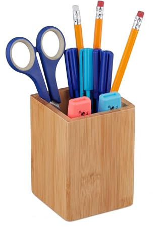 Relaxdays Stiftehalter Bambus, für Stifte u. Make-Up-Pinsel, HxBxT: 11 x 8 x 8 cm, Stiftebecher für Schreibtisch, Natur