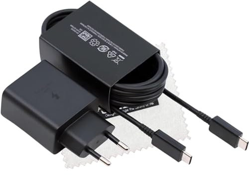 Chargeur d'origine 45W pour Samsung Galaxy S23 Ultra S20 Ultra 5G S10 Lite Note 10 Note 10 Plus Tab S7 Tab S7 Plus Fast Charge Câble 1.8m avec Chiffon de Nettoyage d'écran Shlok