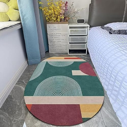 Tappeti Design Teppichwohnzimmer Kurzflor rutschfest Waschbarer Dunkelgrün-rotes geometrisches Patchworkmuster Schlafzimmerteppich, weich, oval, rutschfest Oval 120X190CM