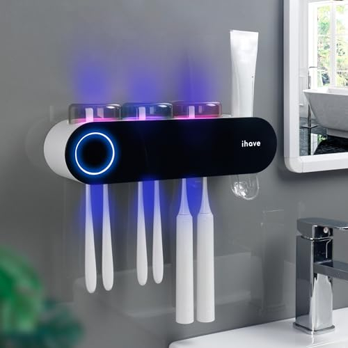 iHave Zahnbürstenhalter Wandmontage für Elektrische Zahnbürste mit UV-Desinfektion, Smart Badezimmer Zubehör, 3 Zahnputzbecher, Zahnpastaspender