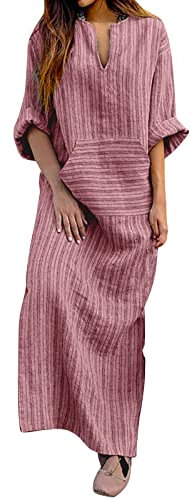 Womens Summer Shift Dresses UK Cotton Linen Maxi Dress with Pocket Ethnic Striped Tunic Dress V Neck Roll Up Long Sleeve Casual Dress Vintage Plus Size Long Dresses Baggy Holiday Beach Party Dress