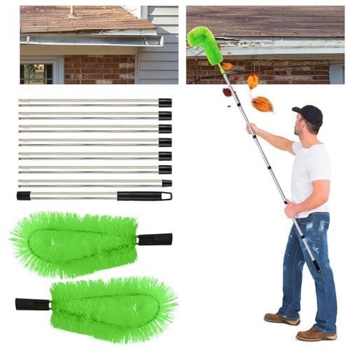 Qivine Outils de nettoyage télescopiques de gouttière de 300,5 cm avec 8 tiges télescopiques extensibles, brosse de nettoyage pour feuilles, débris, fenêtres et lampes suspendues