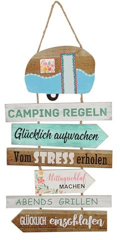 Spetebo Dekoschild mit Camping Regeln - 62 x 35 cm - Deko Plankenschild zum aufhängen - Türschild Wanddeko Holzschild Spruch Tafel Richtungsweiser Wegweiser zum Hängen