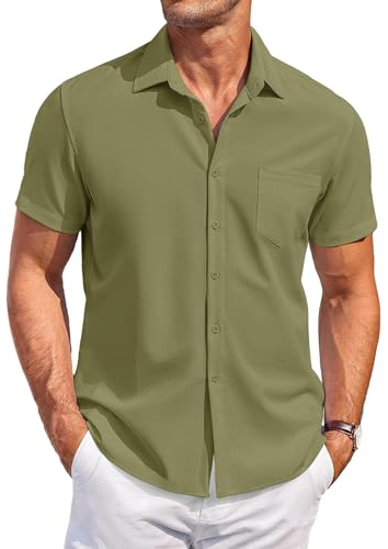 COOFANDY Chemise décontractée à manches courtes pour homme, coupe droite, chemise de plage d'été pour homme, Vert kaki, L