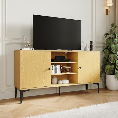 SIRHONA Meuble TV 2 Portes, Couleur du Grain du Bois de Chêne, Banc TV avec Deux Étagères Réglables, pour Télévisions 65 Pouces, 135x35x70cm