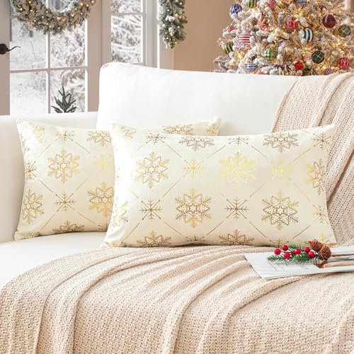 Ohok Weihnachten Gold Heißpräge Samt Kissenbezug, 2er Set Dekorativ Kissenhülle Deko Sofakissen Couchkissen Zierkissenbezüge für Sofa Wohnzimmer Schlafzimmer (Beige Schneeflocke A, 30x50 cm)