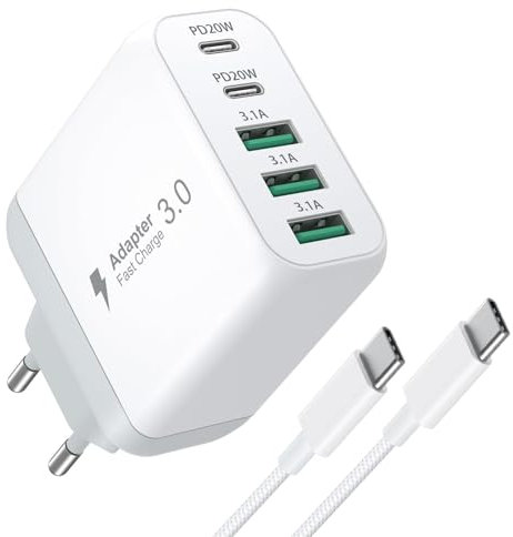 Chargeur USB C 55W, Chargeur USB Rapide 5 Ports avec Câble en Nylon USB C 2M, Chargeur USB Multiple Prise USB Murale pour iPhone 15/14/13/12 Pro Max, pour Switch/Air, iPad, Galaxy, Tablette(Blanc)