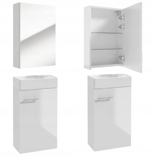 .Deftrans Waschtisch + Spiegel Badmöbel Set für Gäste Bad WC waschbeckenunterschrank und spiegelschrank Bad 40 x 60 x 21,3 cm weiß Hochglanz - badmöbel Set- Badezimmer waschbecken mit unterschrank