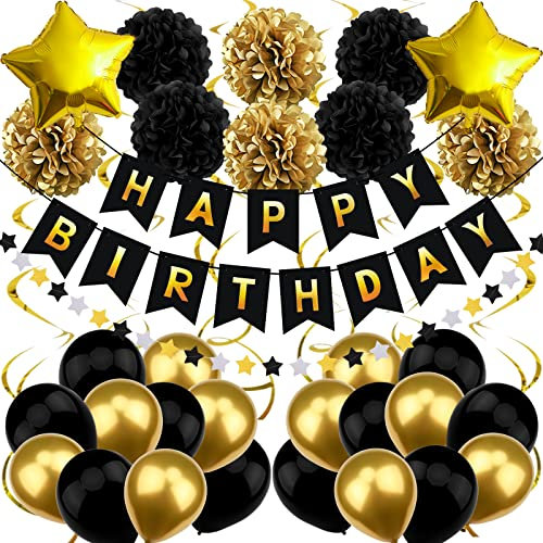 Recosis Geburtstagsdeko Schwarz Gold, Happy Birthday Banner mit Pompoms Papier Girlande Wimpel Spiral und Luftballon Kindergeburtstag für Mädchen Junge Mann Frauen Geburtstags Dekorationen