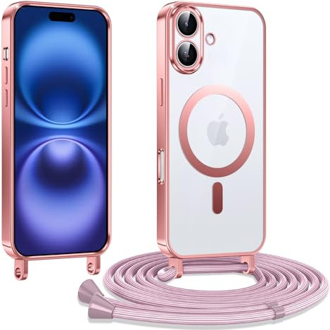 Kokio Handykette Hülle für iPhone 16 6,1 Zoll mit Band, Magnetische Transparent Handyhülle Kompatibel mit MagSafe, Kratzfeste Stossfest Schutzhülle mit Einstellbar Kette, Rosé