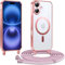 Kokio Coque pour iPhone 16 6,1 Pouces avec Cordon, Etui à Transparente Housse Compatible avec MagSafe, Antichoc Protection Coque pour Magnétique avec Réglable Collier, Rose