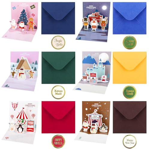 Pop Up Karte Weihnachten 6 Stück, Lustige 3D Weihnachtskarte, weihnachtskarten pop up für Kinder, Handgemachte Pop up Weihnachtsgrußkarte, für Mädchen und Jungen