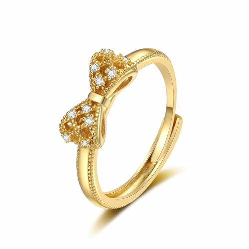 AILYFIRMO Ring mit Schleife und Zirkonia, glänzender Diamantring mit Schleife aus 14 Karat Gold/S925 Silber, Verlobungsring mit Schleife und Zirkonia zum Jahrestag (Gold)
