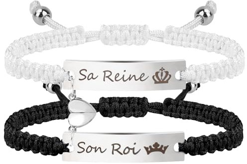 Tukeoo 2PCS Idee Cadeau Couple pour Homme Femme Bracelet Cadeau Noel Bracelets Personalisés, Bracelet Réglable en Cordon Tressé Acier Inoxydable pour Saint Valentin Noel Anniversaire