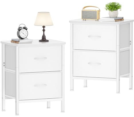 HOMIDEC Nachttisch 2er Set, Beistelltisch mit Metallrahmen und 2 großen Stoffschubladen für Schlafzimmer, Wohnzimmer, Weiß, 42 x 30 x 55 cm