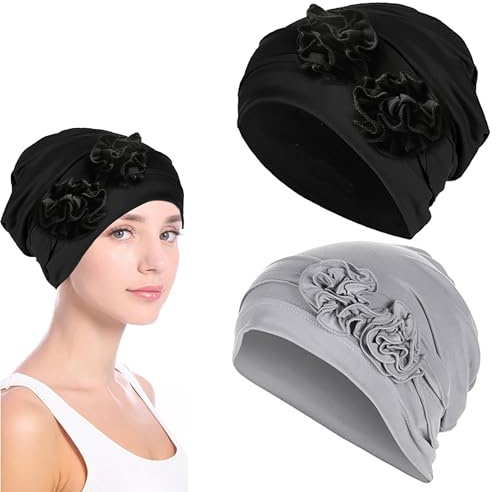 mtuihfo 2pcs Chemo Headwear for Women, Flower Design Soft Beanie Hats, Sleep Caps Cancer Headwear with Hair Loss (Black+Grey)