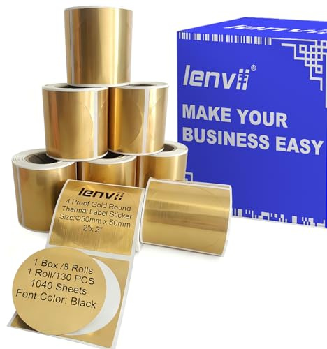 LENVII 50 x 50mm Gold Rund Thermoetiketten,1040 Etiketten,Für Thermodrucker | Gebürstetes Gold Runde Etiketten Aufkleber,8 Rolle × 130 Blatt, Reißfest,Wasserfest,ölbeständig,Kratzfest,Klare Druckqualität